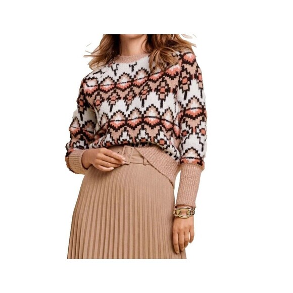 ANN TAYLOR White pink Fair Isle womens V-Neck Cardigan Sweater size Medium - Picture 2 of 9